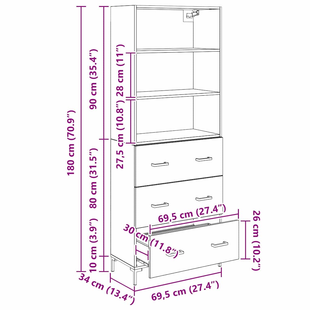 Highboard Altholz 69,5 x 34 x 180 cm Holzwerkstoff