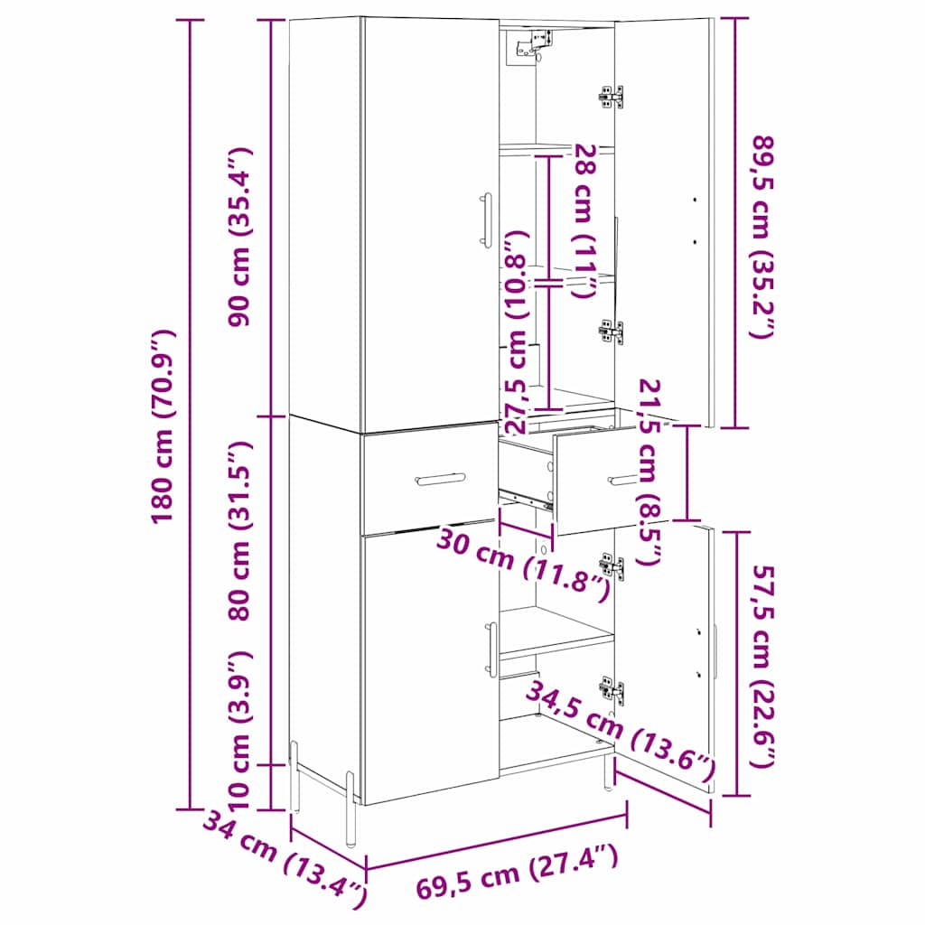 Highboard Altholz 69,5 x 34 x 180 cm Holzwerkstoff