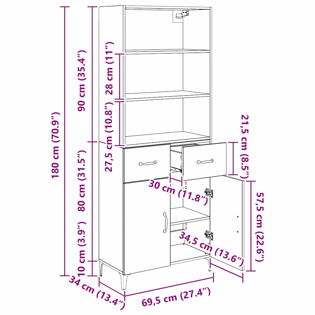Highboard Altholz 69,5 x 34 x 180 cm Holzwerkstoff