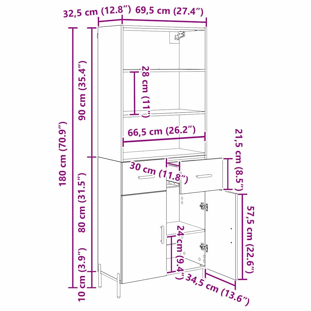 Highboard Altholz 69,5 x 32,5 x 180 cm Holzwerkstoff