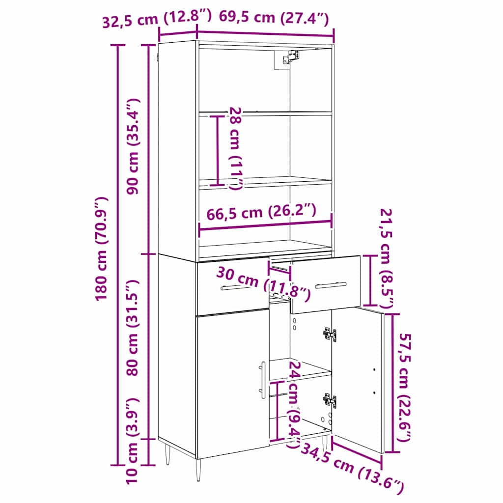 Highboard Altholz 69,5 x 34 x 180 cm Holzwerkstoff