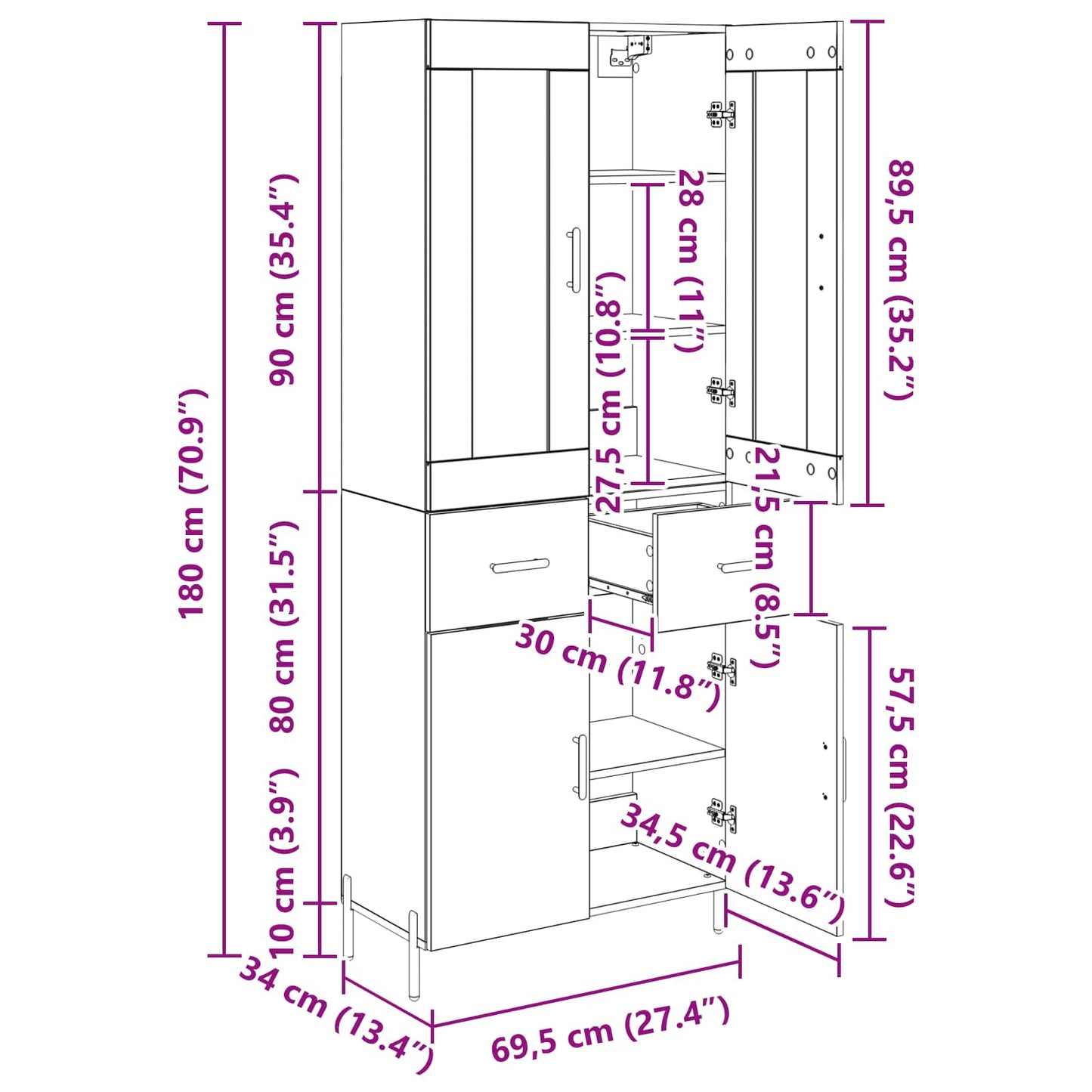 Highboard Altholz 69,5 x 34 x 180 cm Holzwerkstoff