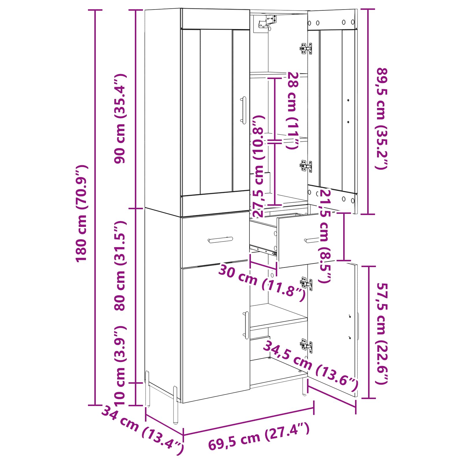 Highboard Altholz 69,5 x 34 x 180 cm Holzwerkstoff