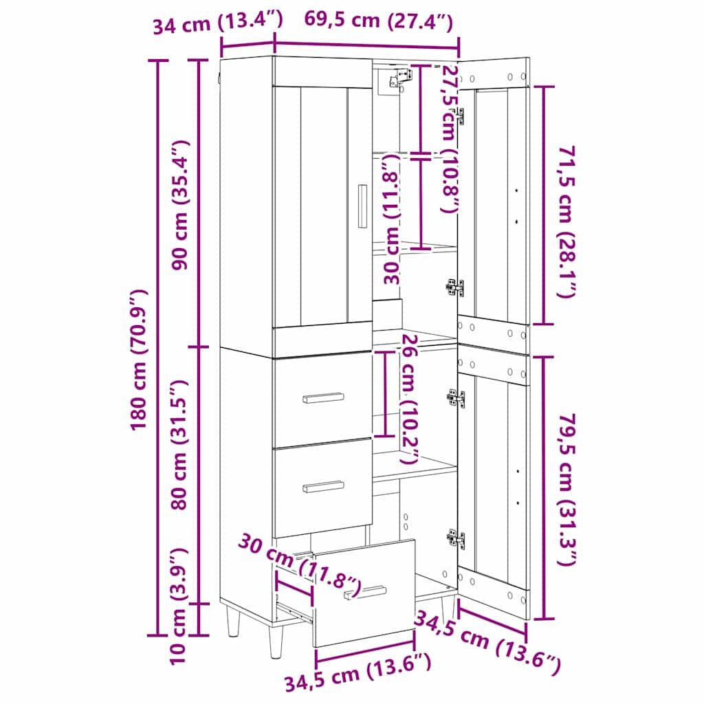 Highboard Altholz 69,5 x 34 x 180 cm Holzwerkstoff