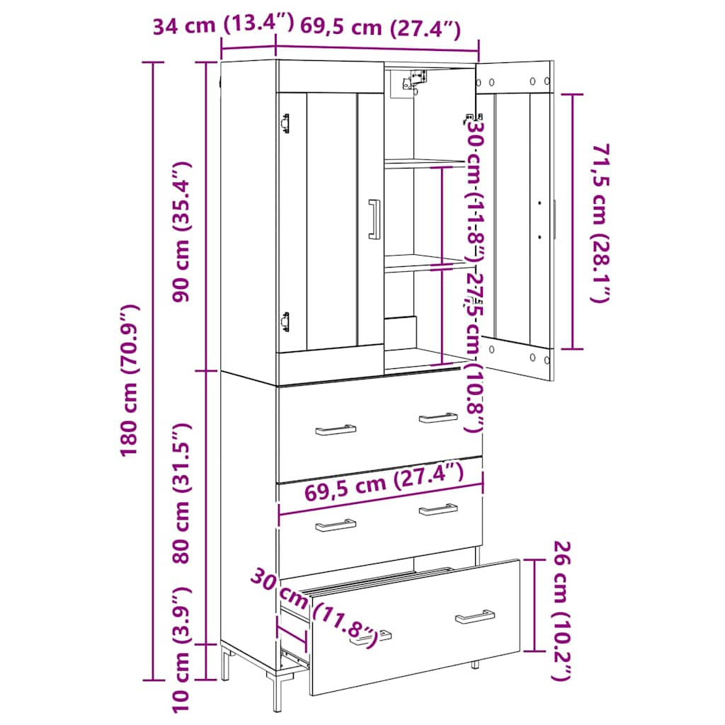 Highboard 2 stk. Altholz 69,5 x 34 x 180 cm Holzwerkstoff