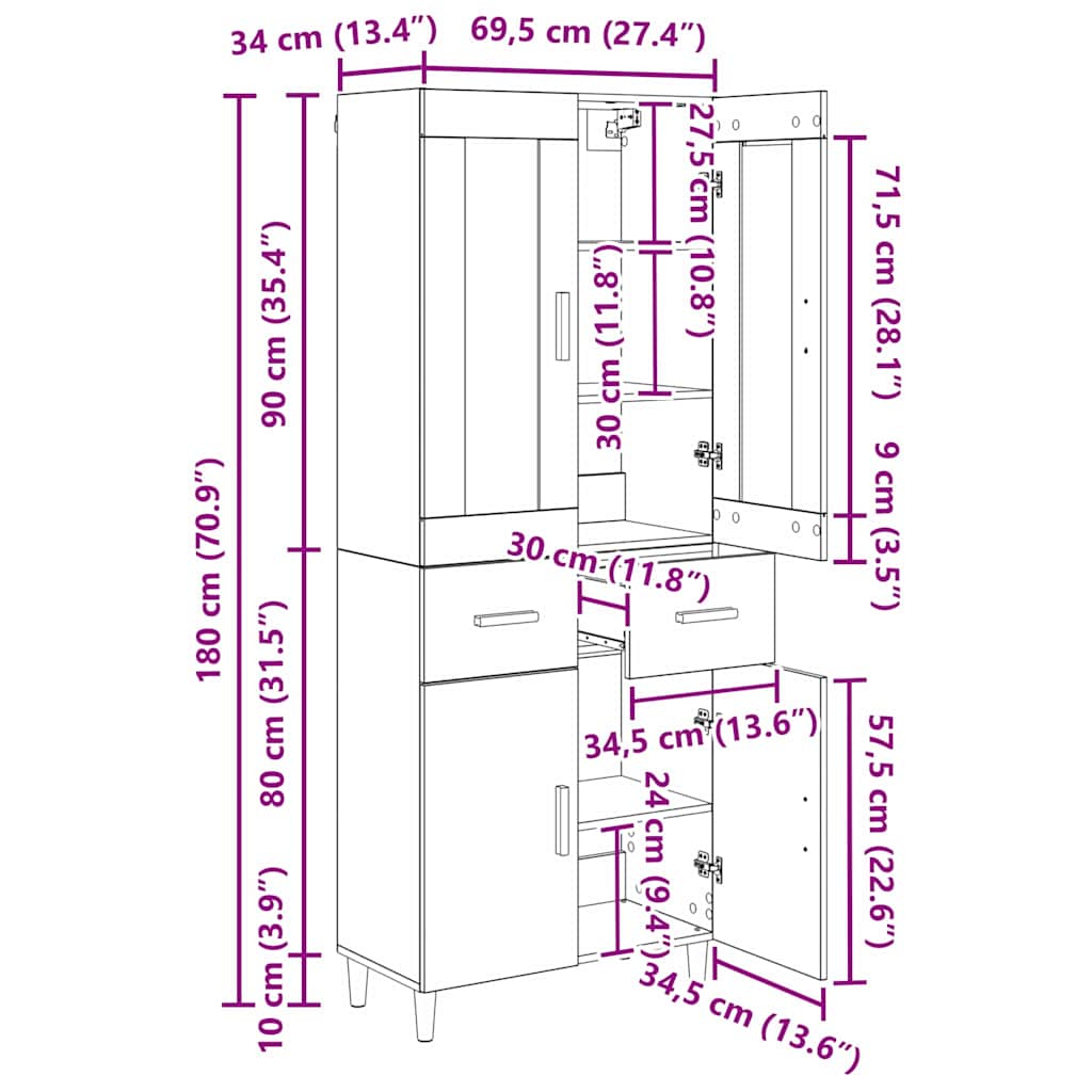 Highboard Altholz 69,5 x 34 x 180 cm Holzwerkstoff
