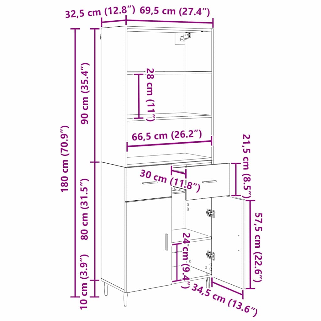 Highboard 2 Stk. Altholz 69,5 x 32,5 x 180 cm Holzwerkstoff
