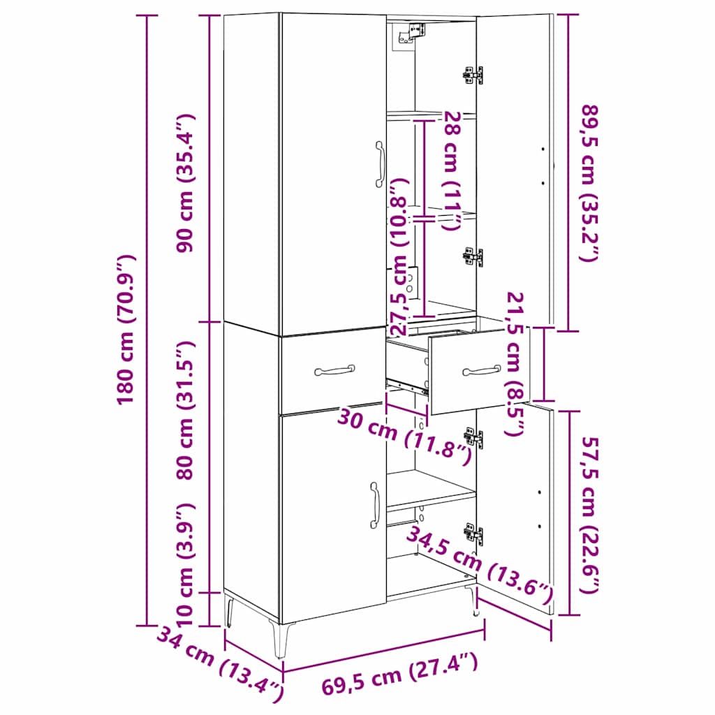 Highboard Altholz 69,5 x 34 x 180 cm Holzwerkstoff