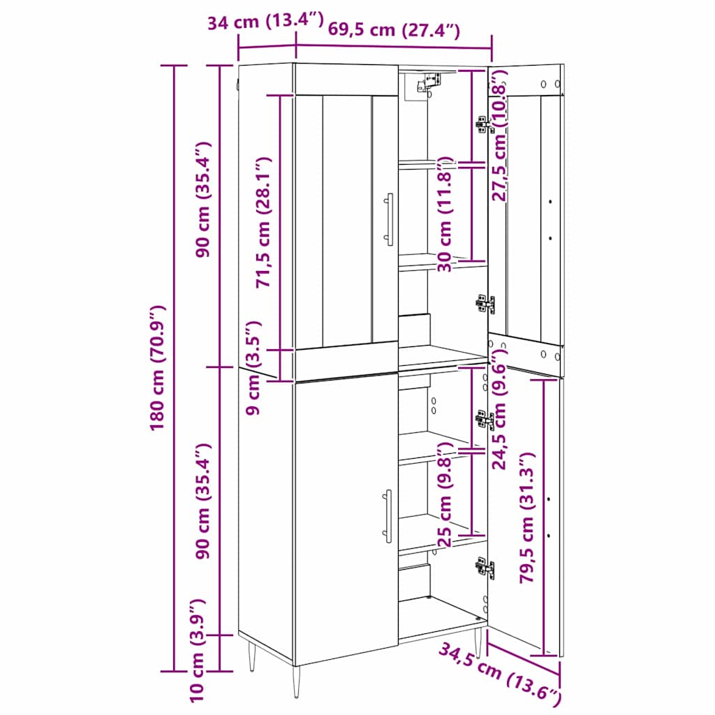 Highboard Altholz 69,5 x 34 x 180 cm Holzwerkstoff