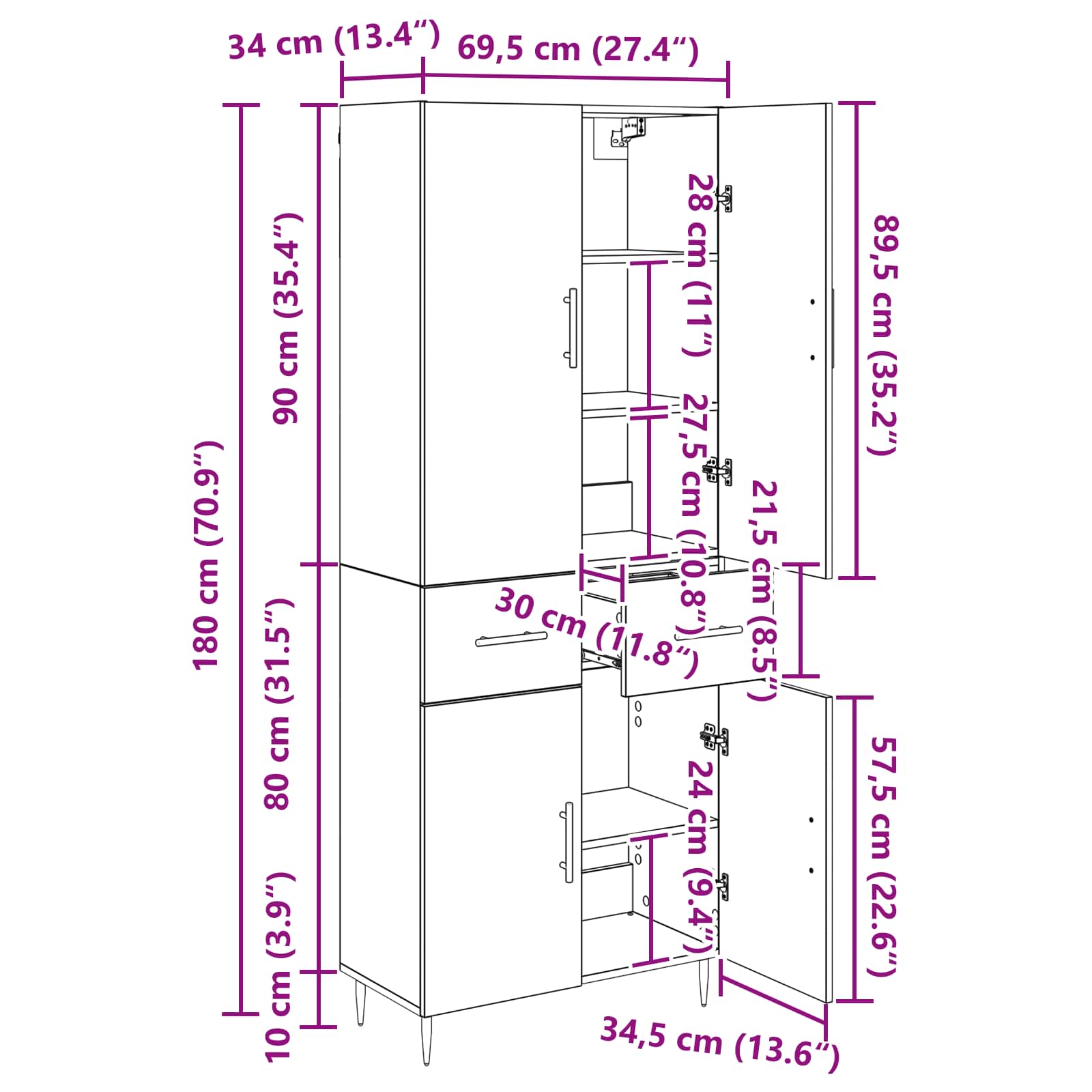 Highboard Altholz 69,5 x 34 x 180 cm Holzwerkstoff
