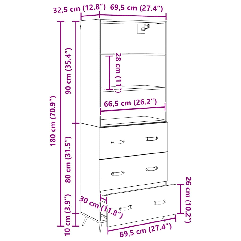 Highboard Altholz 69,5 x 34 x 180 cm Holzwerkstoff