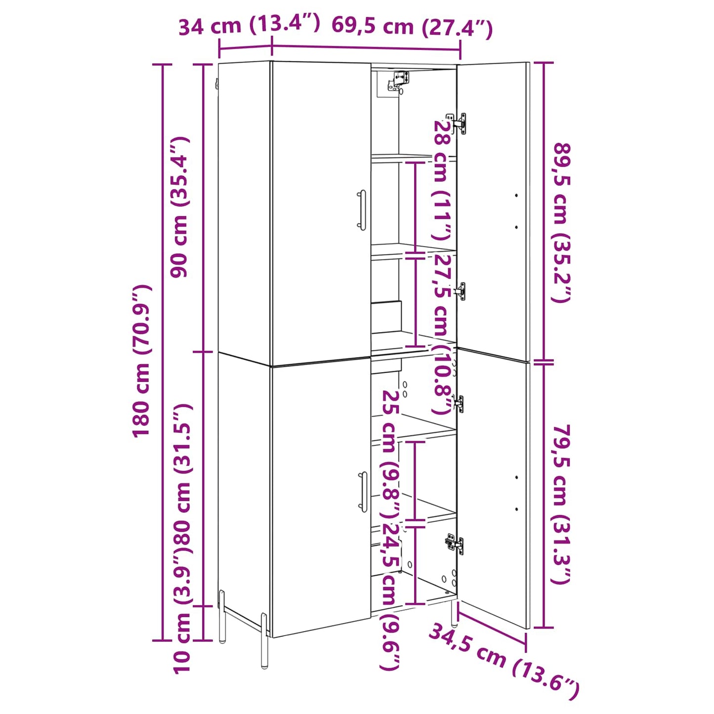 Highboard Wandmontiert Altholz 69,5 x 34 x 180 cm Holzwerkstoff
