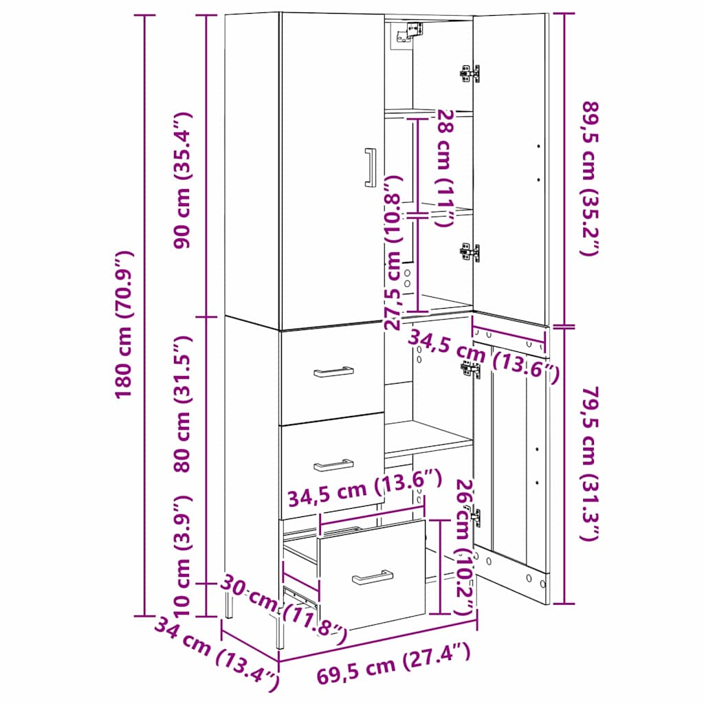 Highboard Altholz 69,5 x 34 x 180 cm Holzwerkstoff