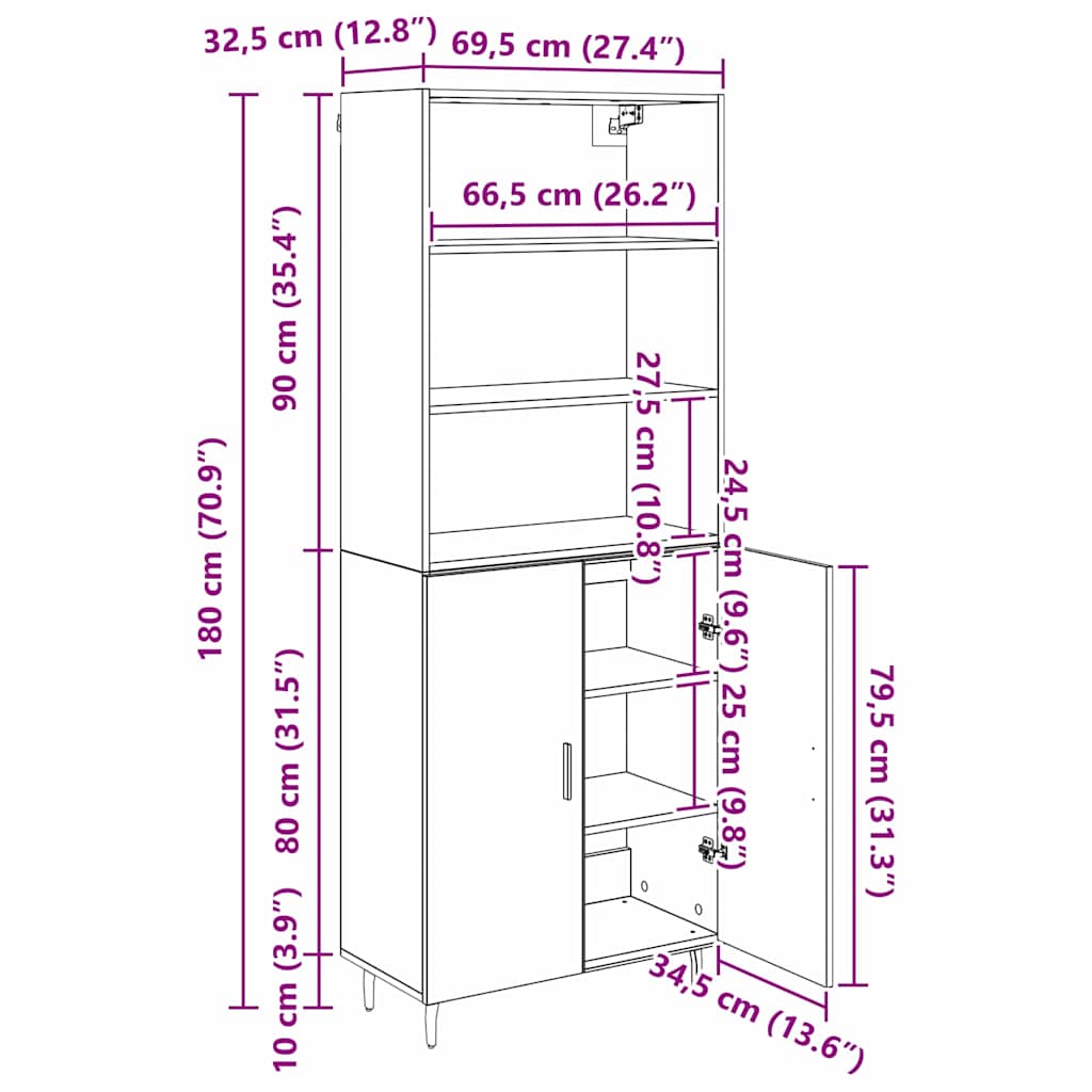 Highboard Altholz 69,5 x 34 x 180 cm Engineered Wood und Glas