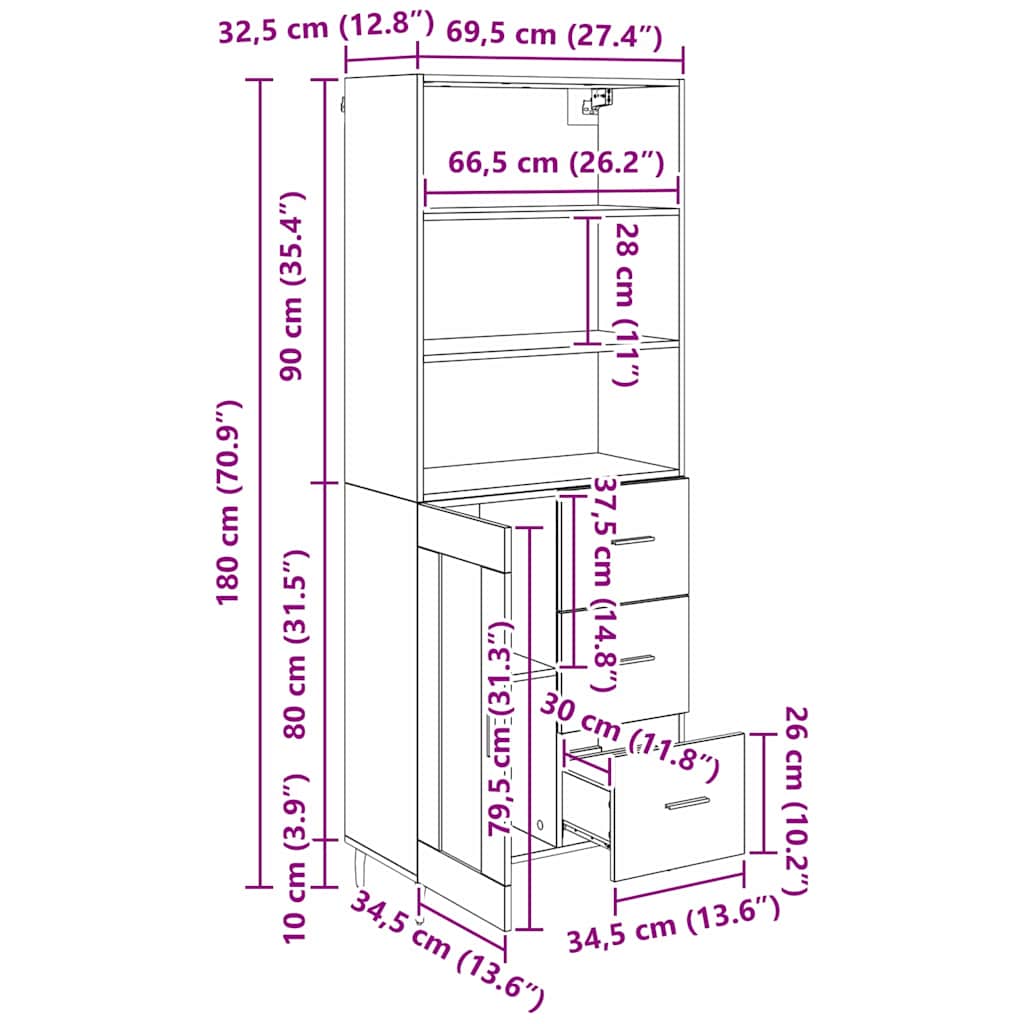 Highboard 2 Stk. Altholz 69,5 x 32,5 x 180 cm Holzwerkstoff