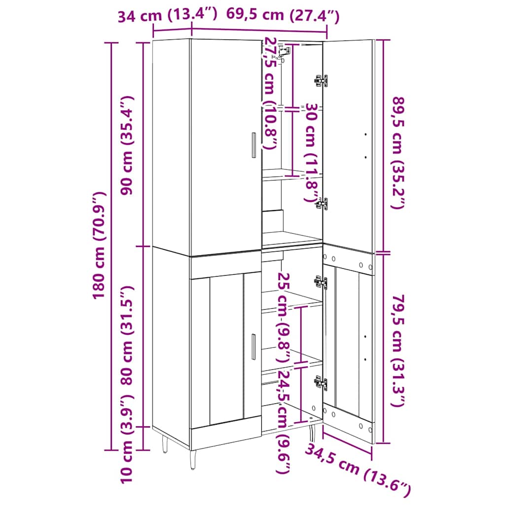 Highboard 2 pcs Altholz Engineered Wood und Glas