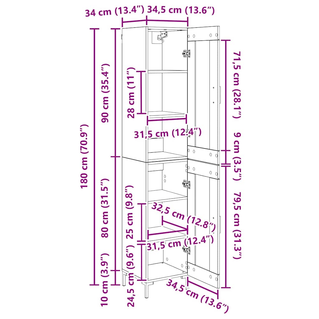 Highboard Altholz 34,5 x 34 x 180 cm Holzwerkstoff