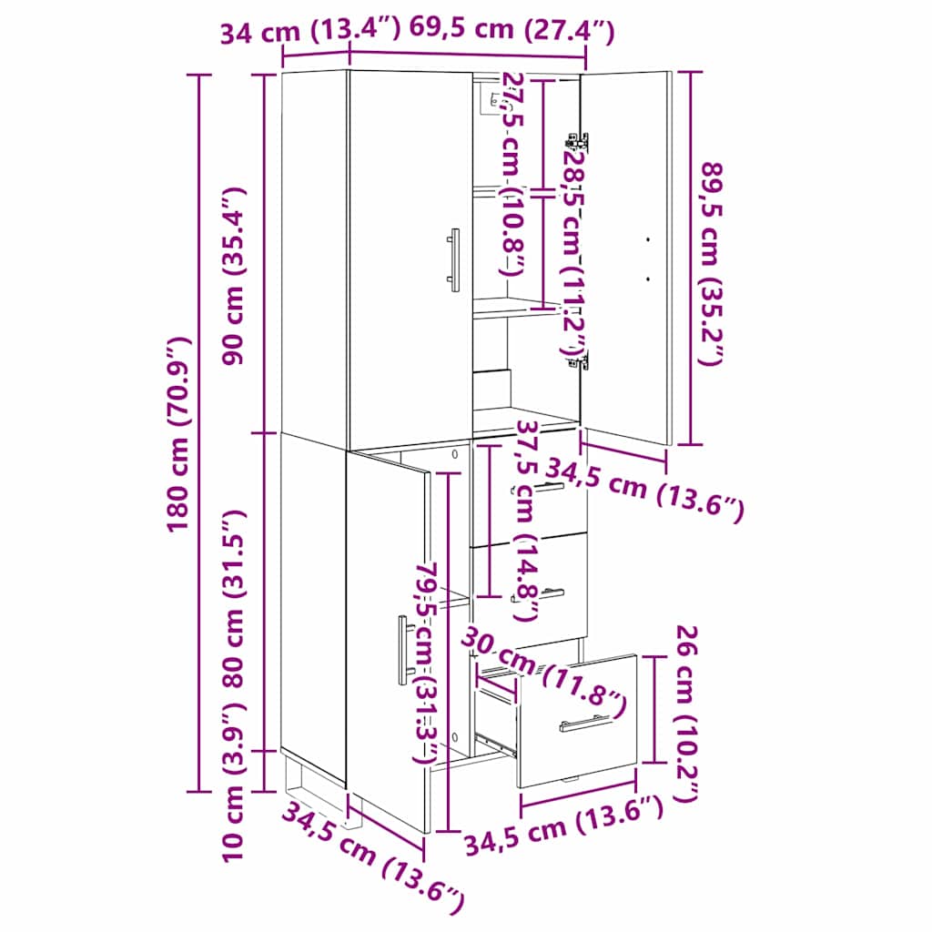 Highboard 2 stk. Altholz 69,5 x 34 x 180 cm