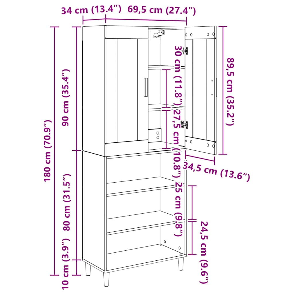 Highboard Altholz 69,5 x 34 x 180 cm Engineered Wood und Glas