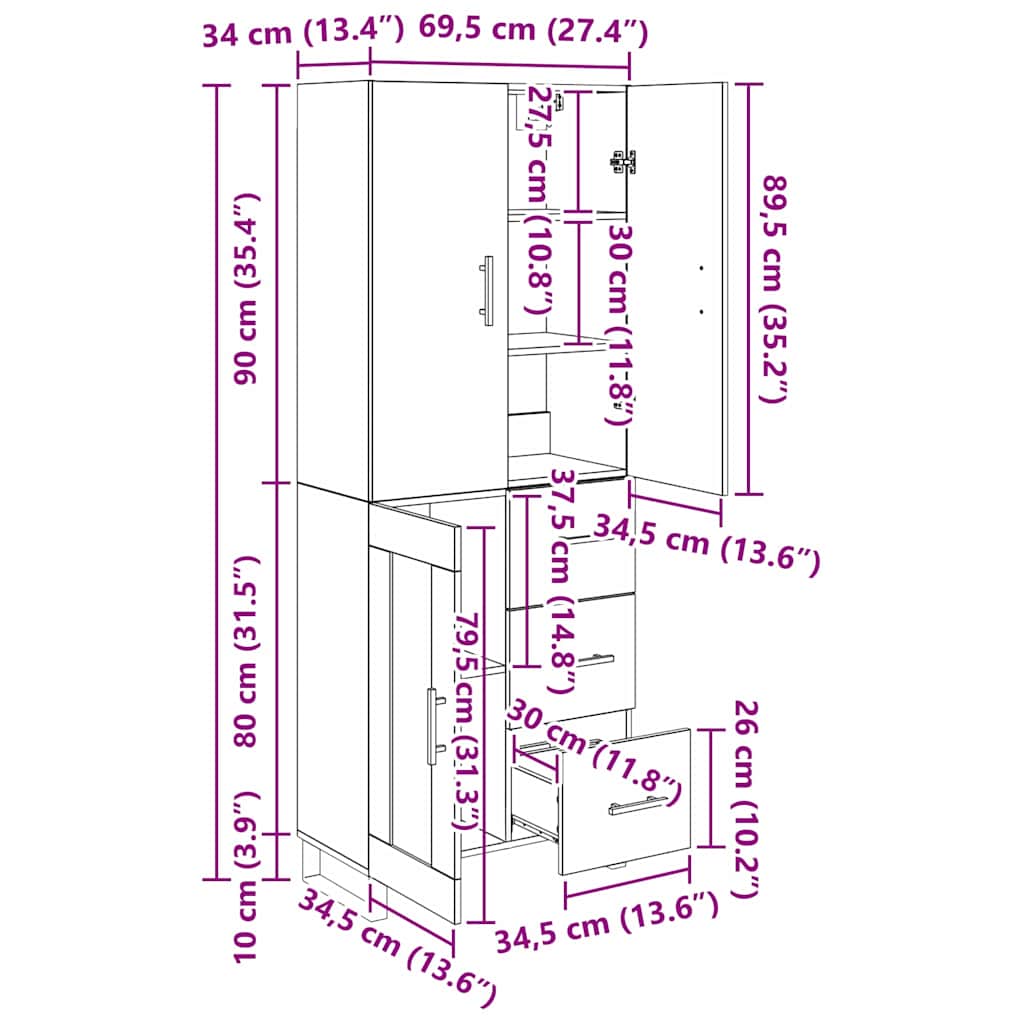 Highboard 2 stk. Altholz 69,5 x 34 x 180 cm