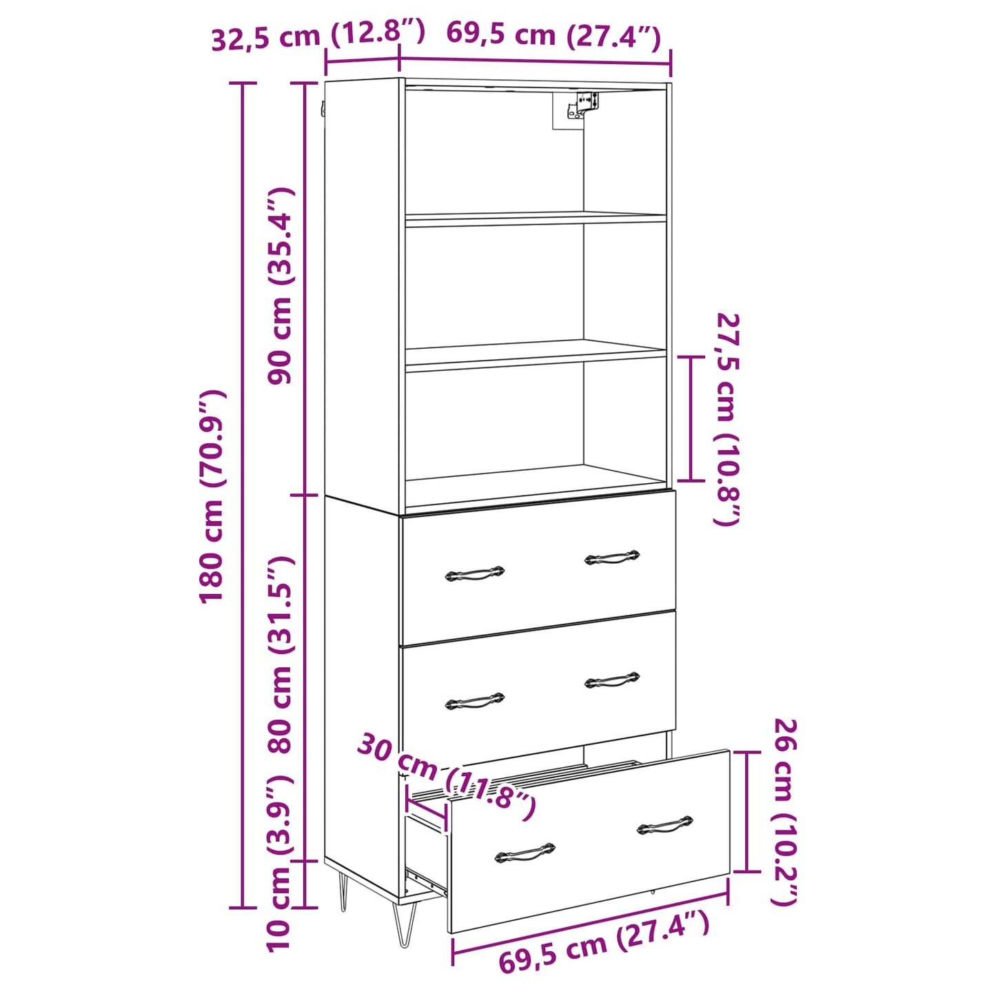 Highboard mit Schubladen 2 pcs Altholz Holzwerkstoff