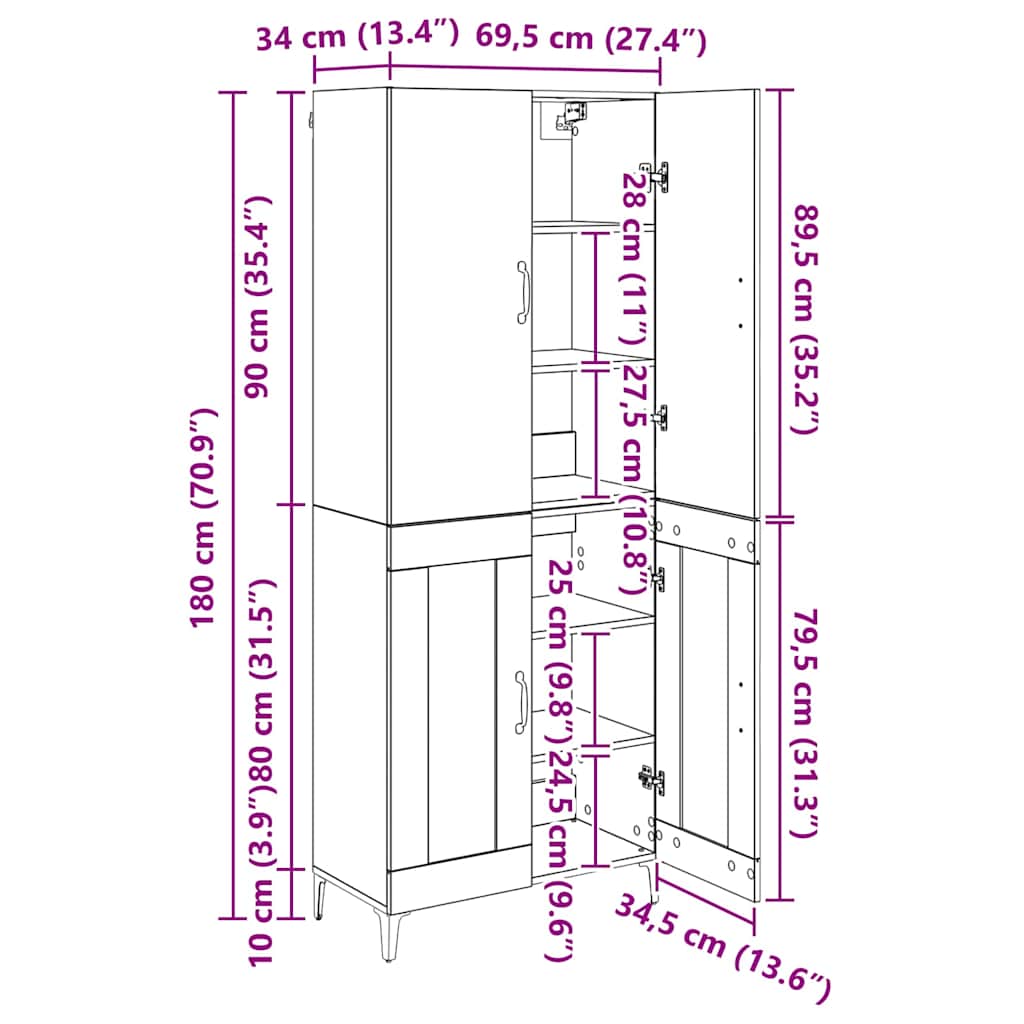 Highboard Altholz 69,5 x 34 x 180 cm Holzwerkstoff