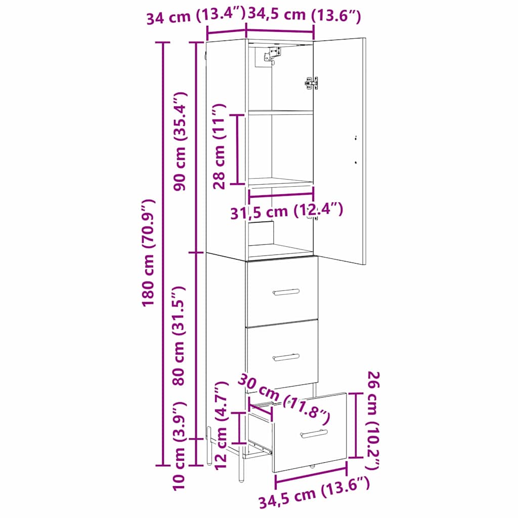 Highboard Altholz 34,5 x 34 x 180 cm Holzwerkstoff