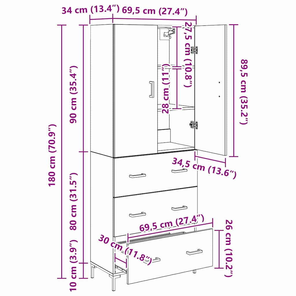 Highboard Wandmontiert Altholz 69,5 x 34 x 180 cm Holzwerkstoff