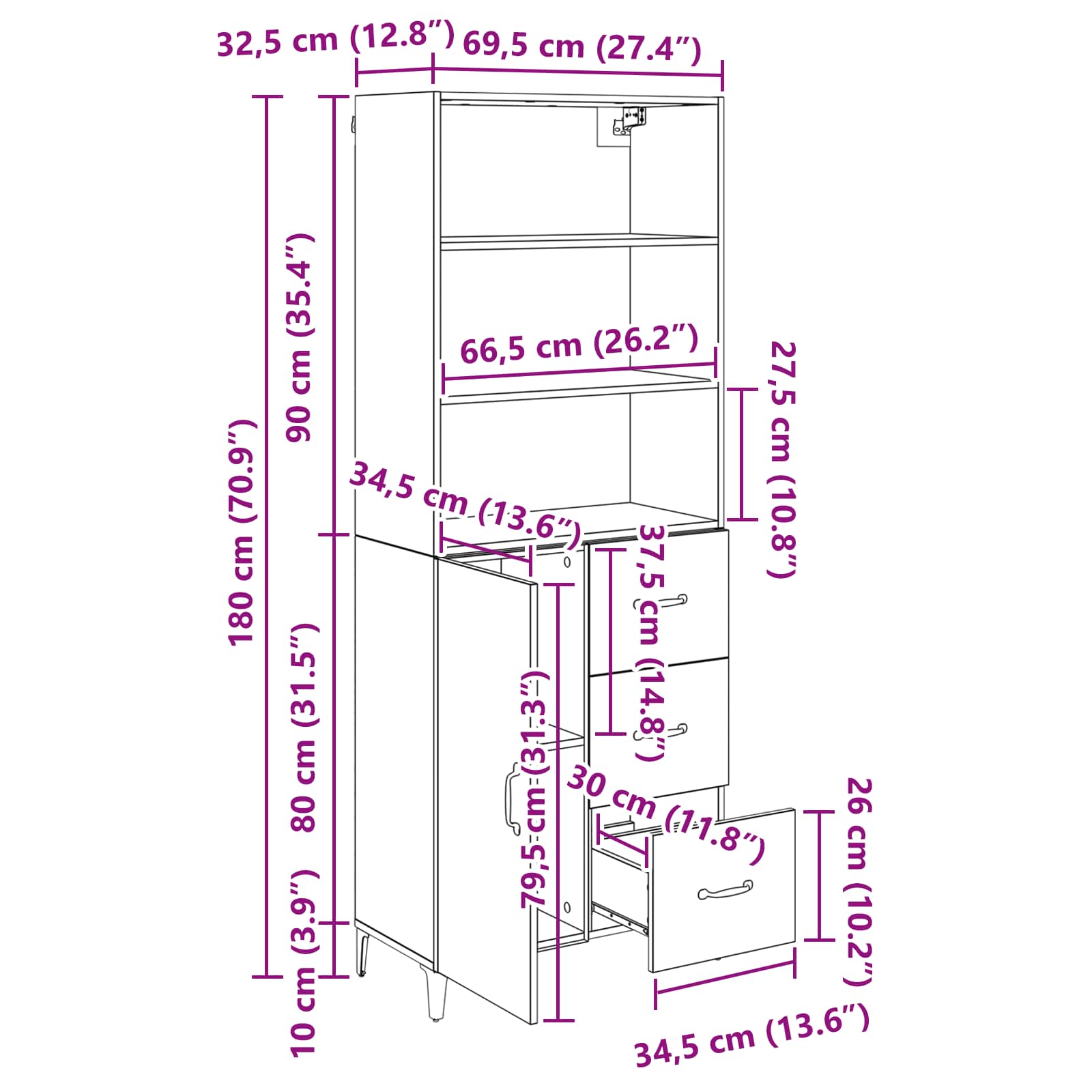 Highboard Altholz 69,5 x 34 x 180 cm Holzwerkstoff