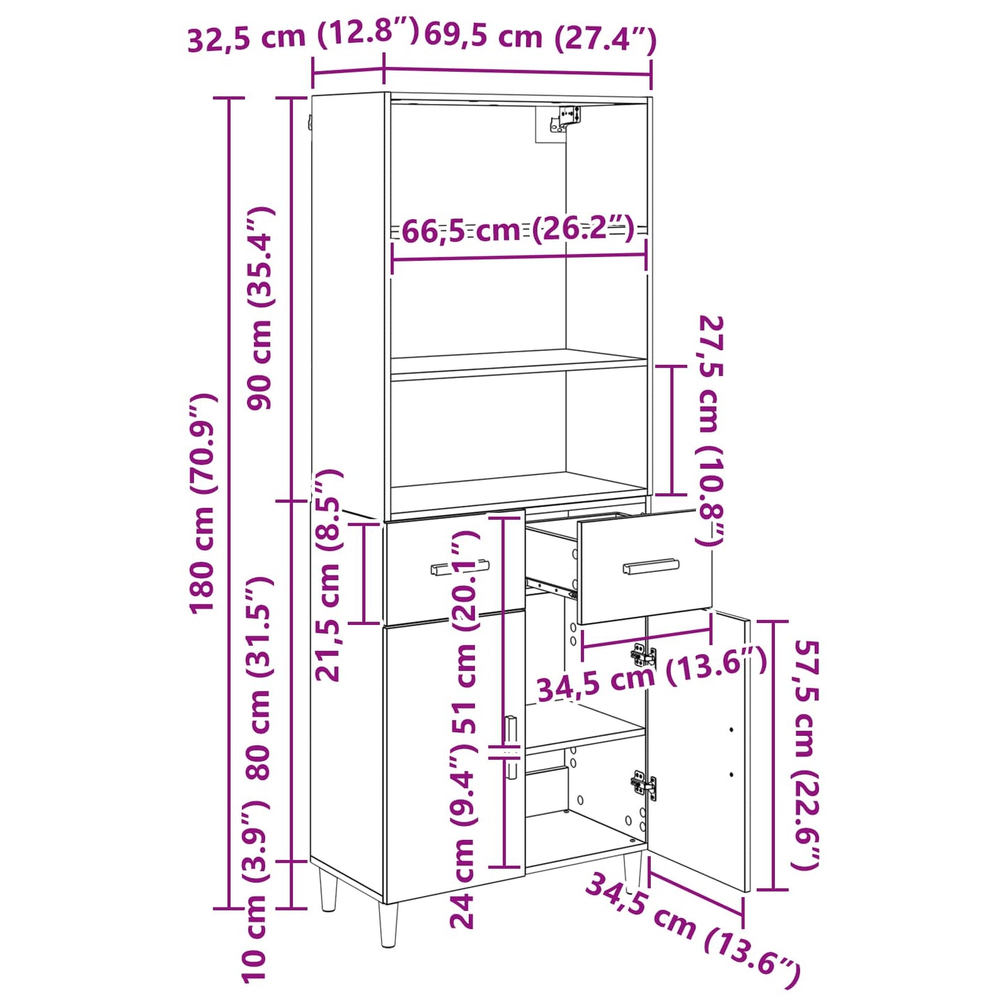 Highboard Altholz 69,5 x 32,5 x 180 cm Holzwerkstoff