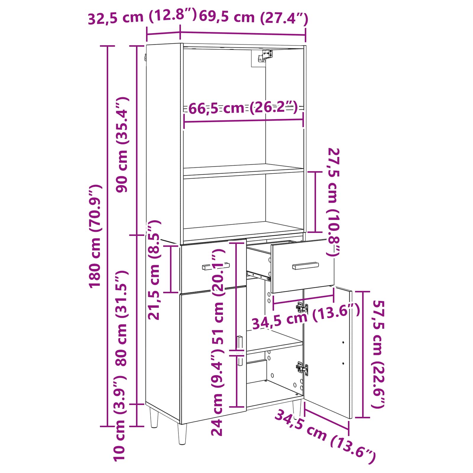 Highboard Altholz 69,5 x 32,5 x 180 cm Holzwerkstoff