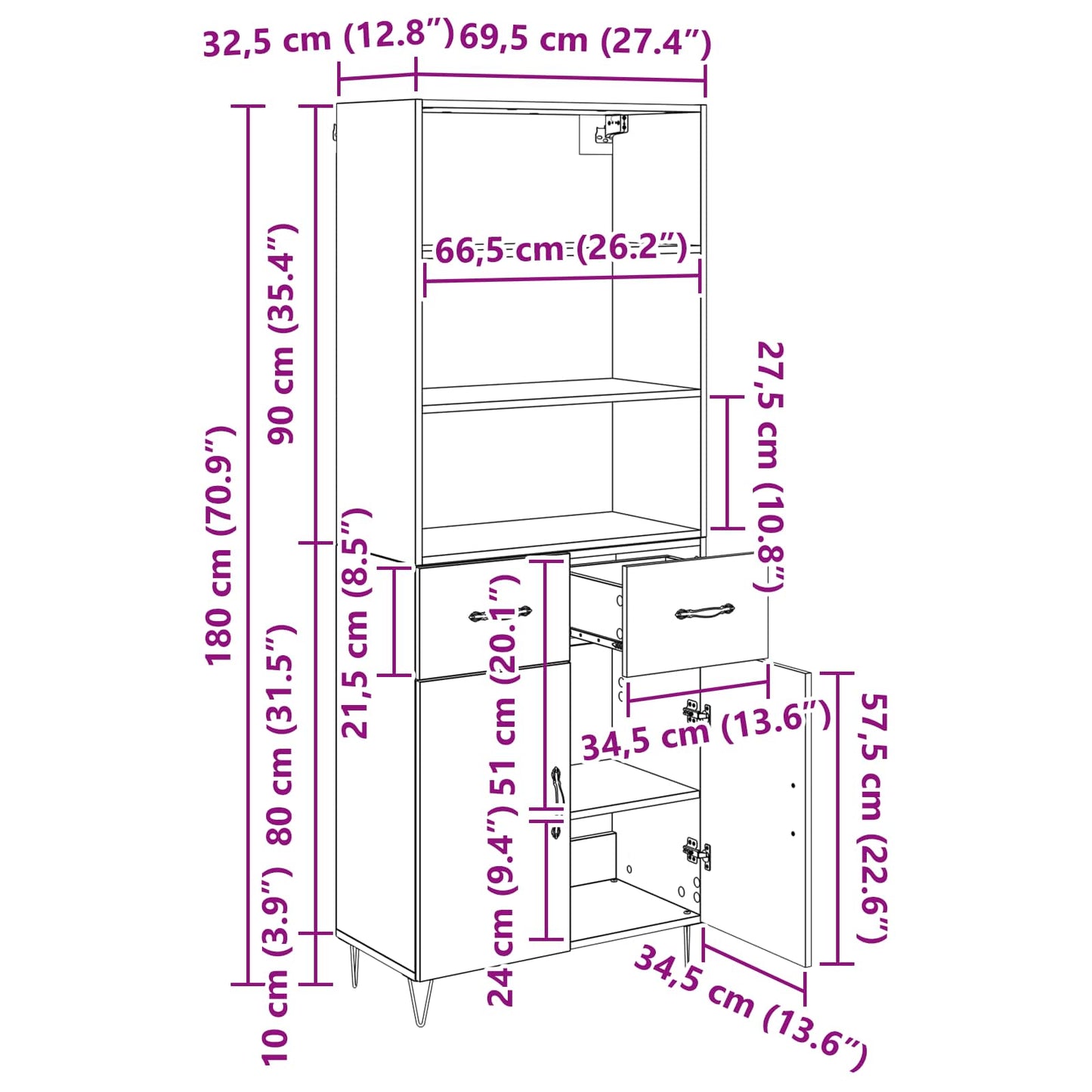 Highboard 2 stk. Altholz 69,5 x 34 x 180 cm