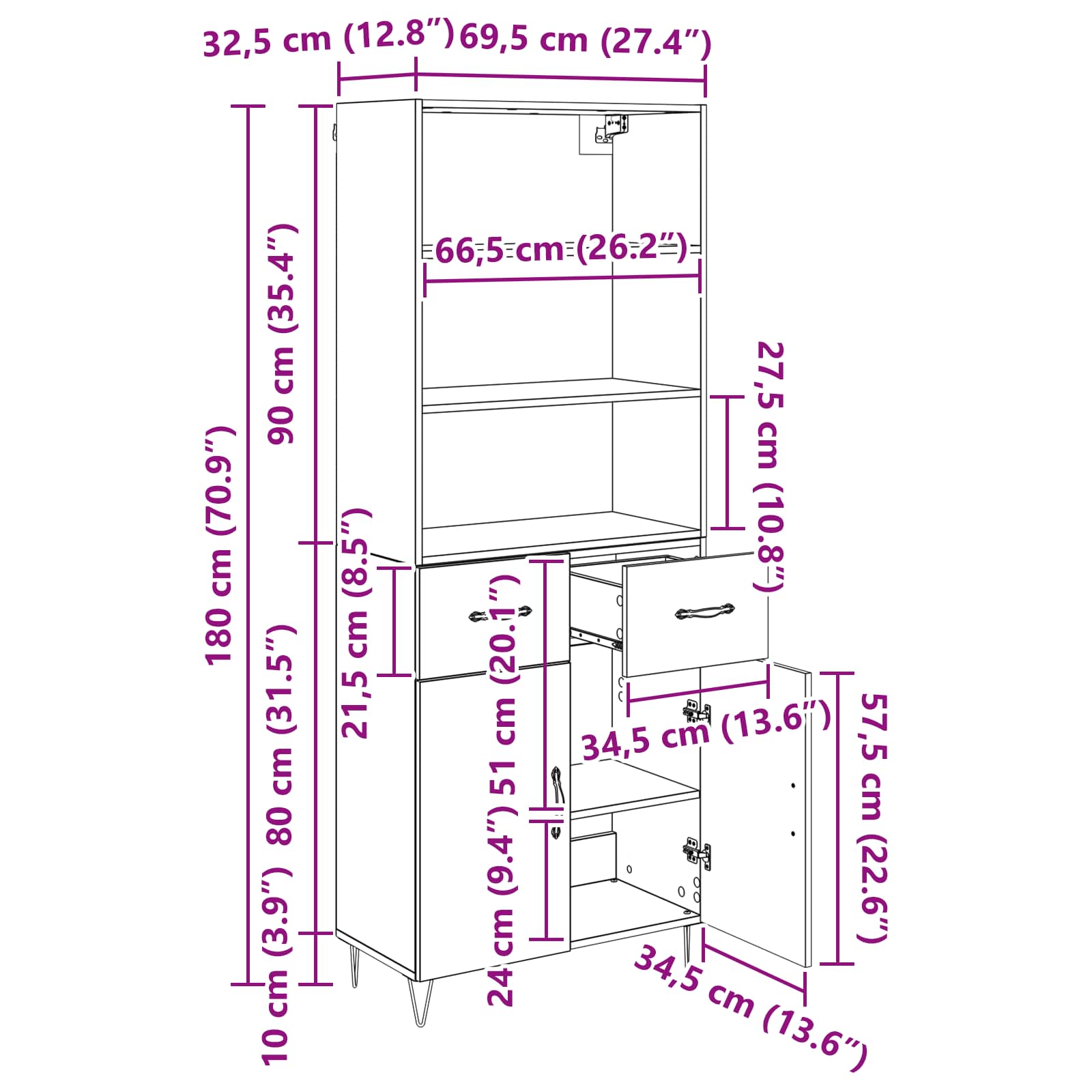 Highboard 2 stk. Altholz 69,5 x 34 x 180 cm