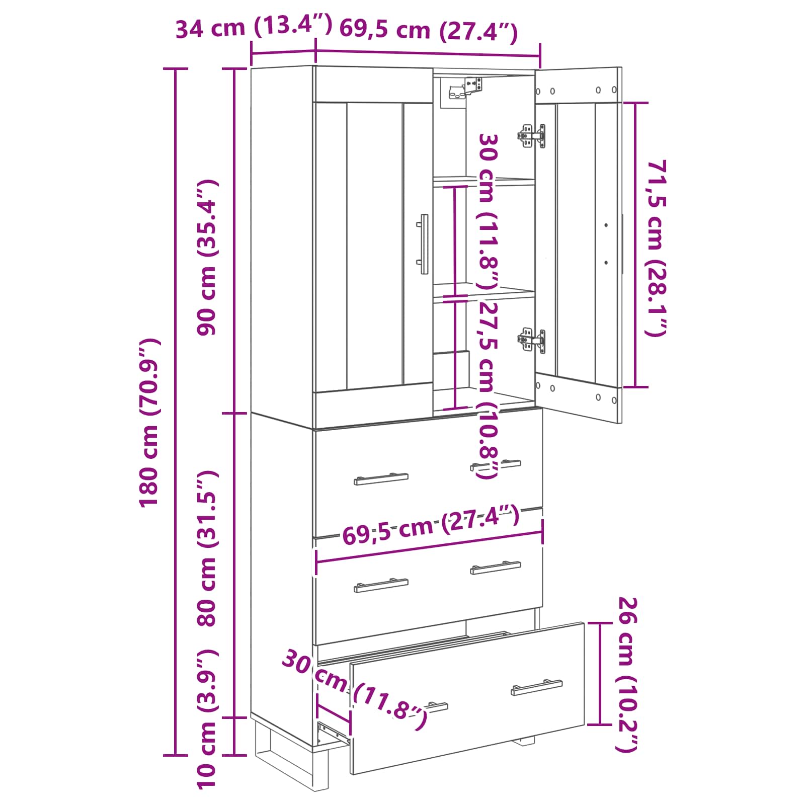 Highboard Altholz 69,5 x 34 x 180 cm Holzwerkstoff