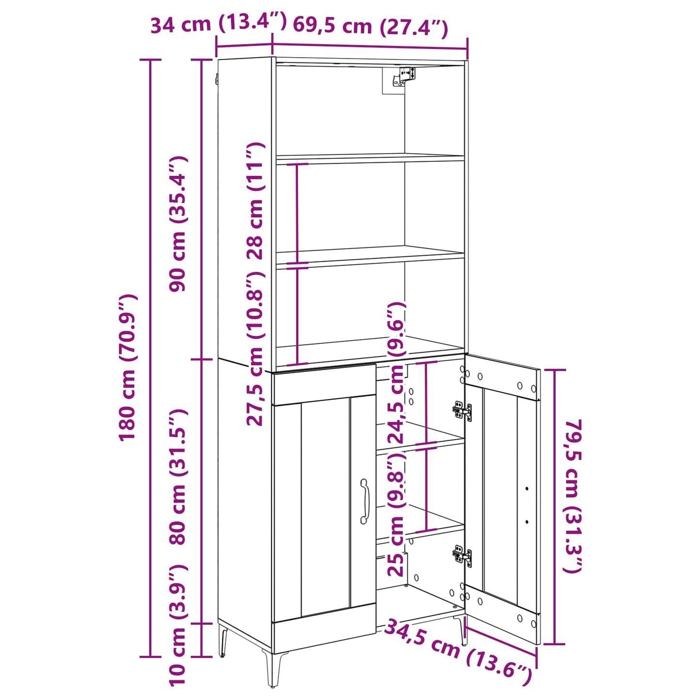 Highboard Altholz 69,5 x 34 x 180 cm Holzwerkstoff