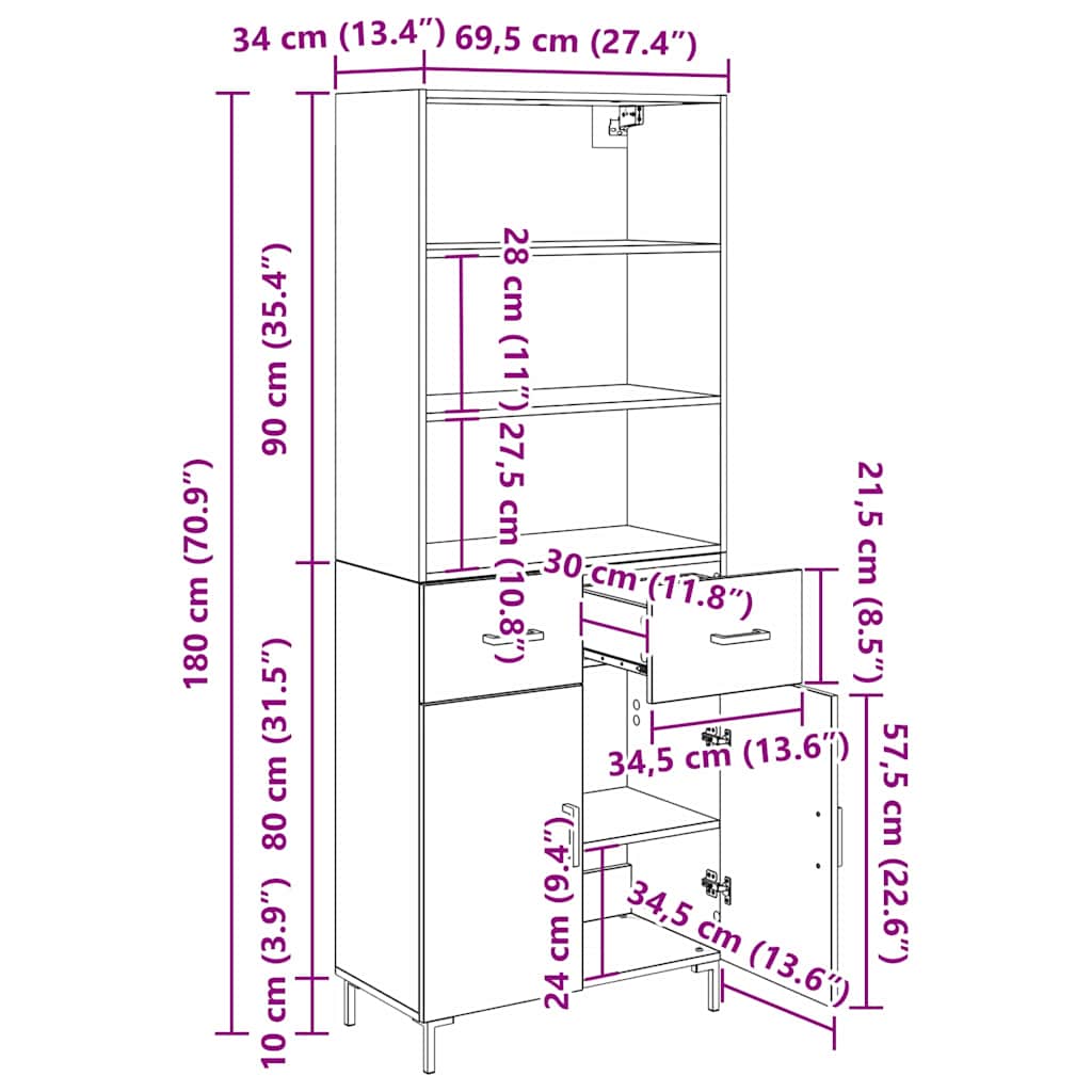 Highboard Altholz 69,5 x 34 x 180 cm Holzwerkstoff
