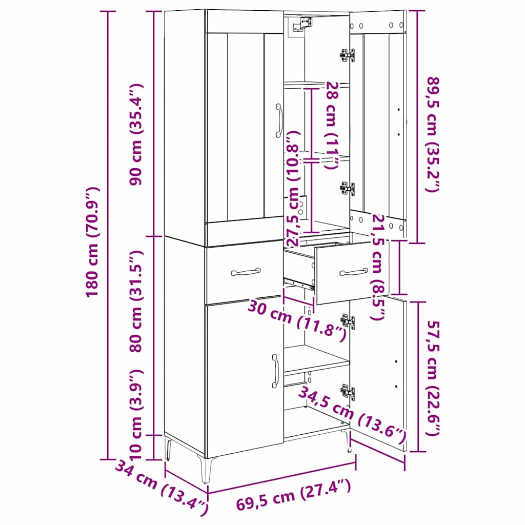 Highboard Altholz 69,5 x 34 x 180 cm Holzwerkstoff