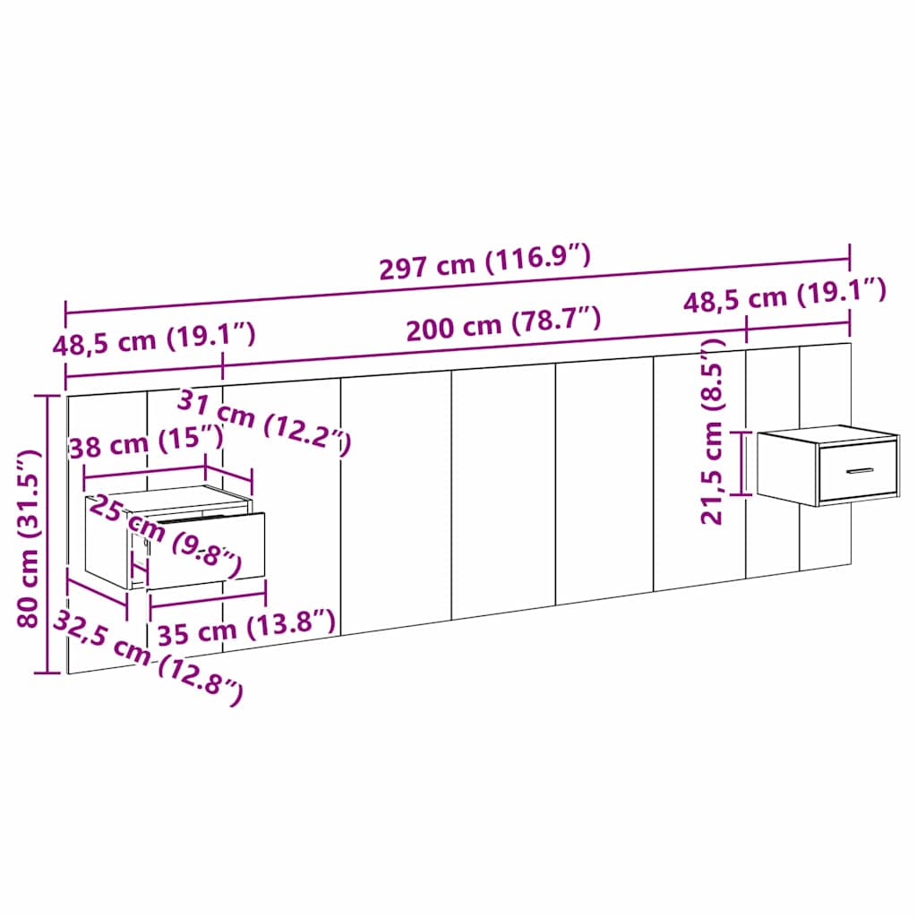 Kopfteil mit Schrank mit Schubladen 3 pcs Altholz Holzwerkstoff