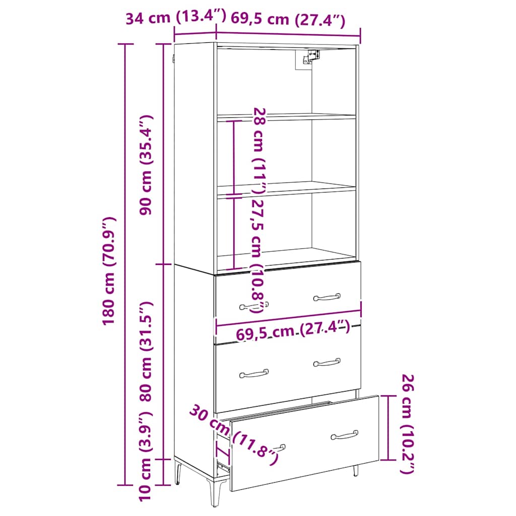Highboard Altholz 69,5 x 34 x 180 cm Holzwerkstoff