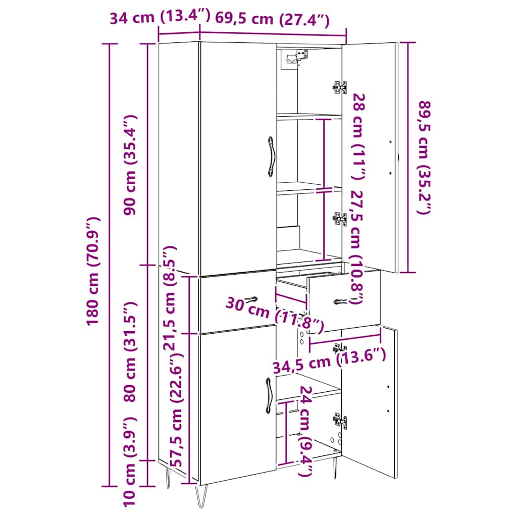 Highboard mit Schubladen 2 pcs Altholz Ingenieurholz und Glas