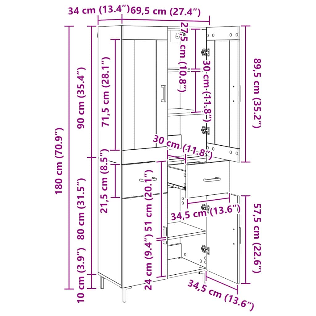 Highboard 2 stk. Altholz 69,5 x 34 x 180 cm Holzwerkstoff
