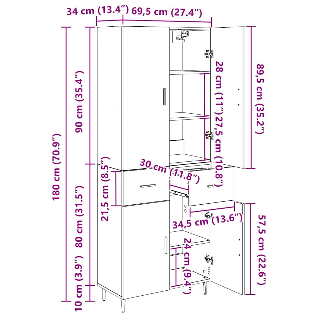 Highboard 2 stk. Altholz 69,5 x 34 x 180 cm Holzwerkstoff
