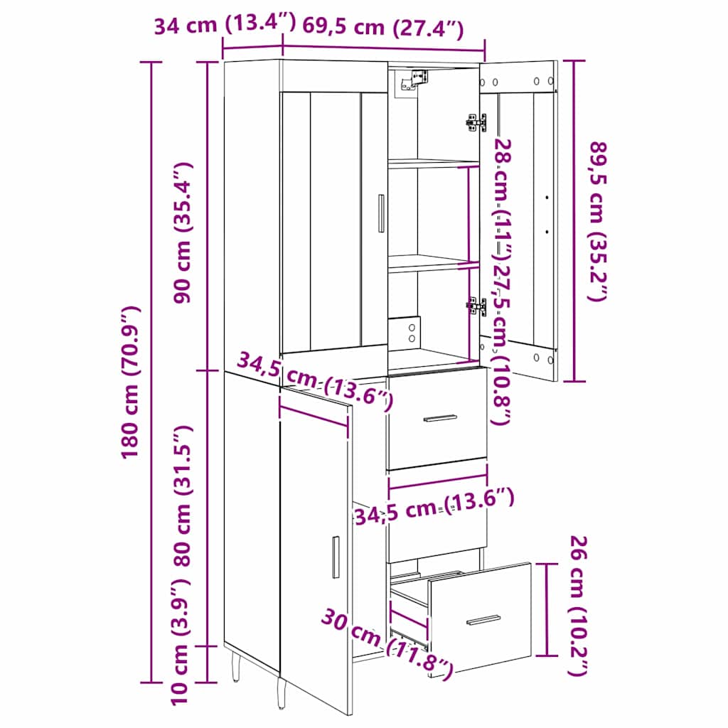 Highboard 2 stk. Altholz 69,5 x 34 x 180 cm Holzwerkstoff