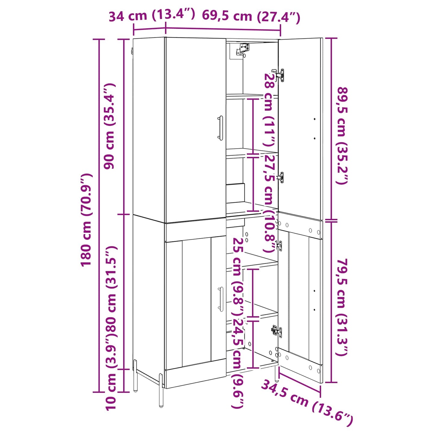Highboard Wandmontiert Altholz 69,5 x 34 x 180 cm Holzwerkstoff