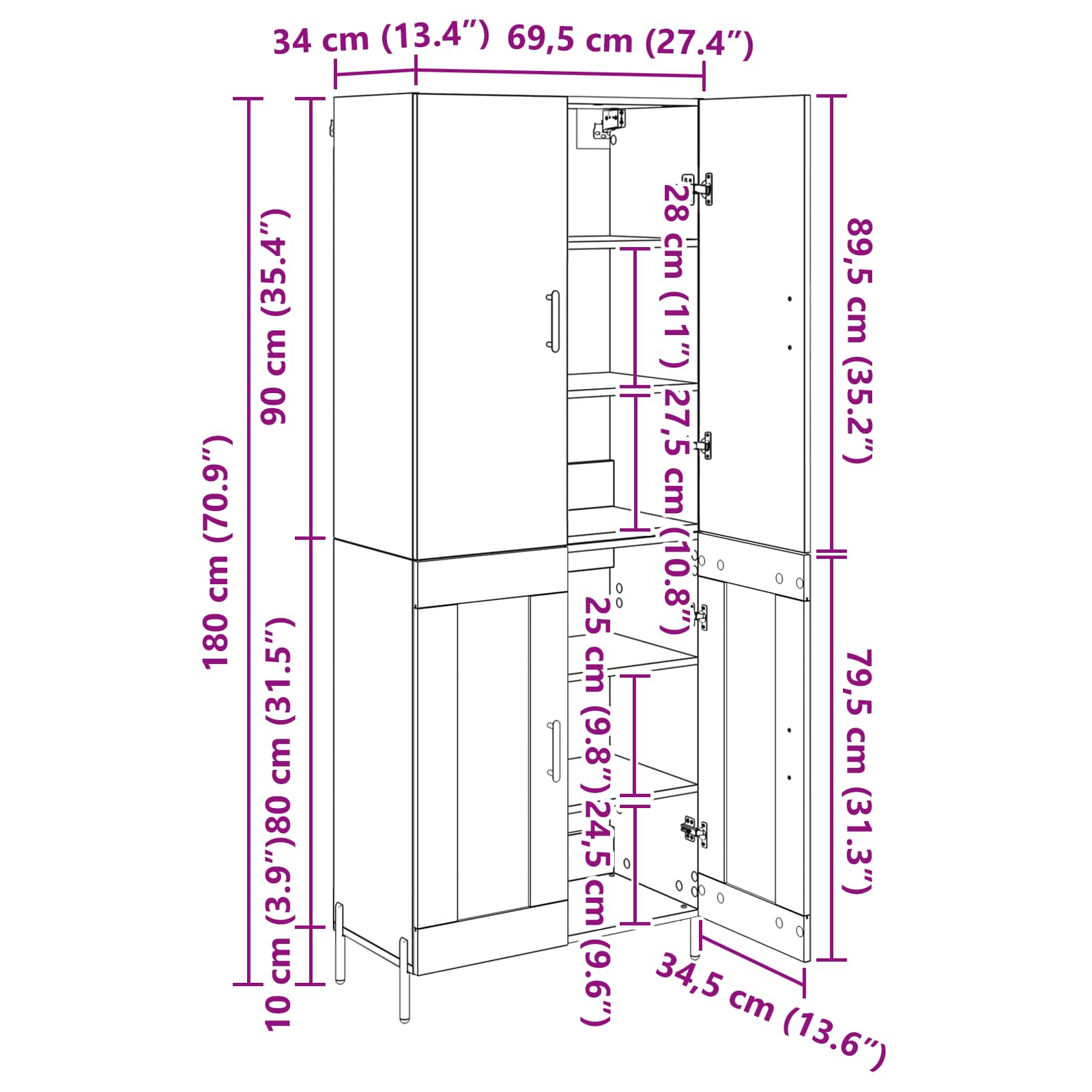 Highboard Wandmontiert Altholz 69,5 x 34 x 180 cm Holzwerkstoff