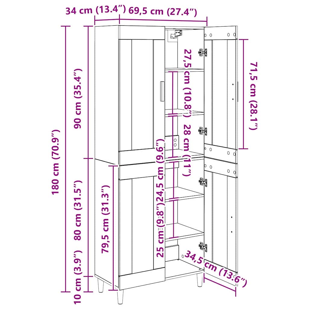 Highboard Altholz 69,5 x 34 x 180 cm Holzwerkstoff