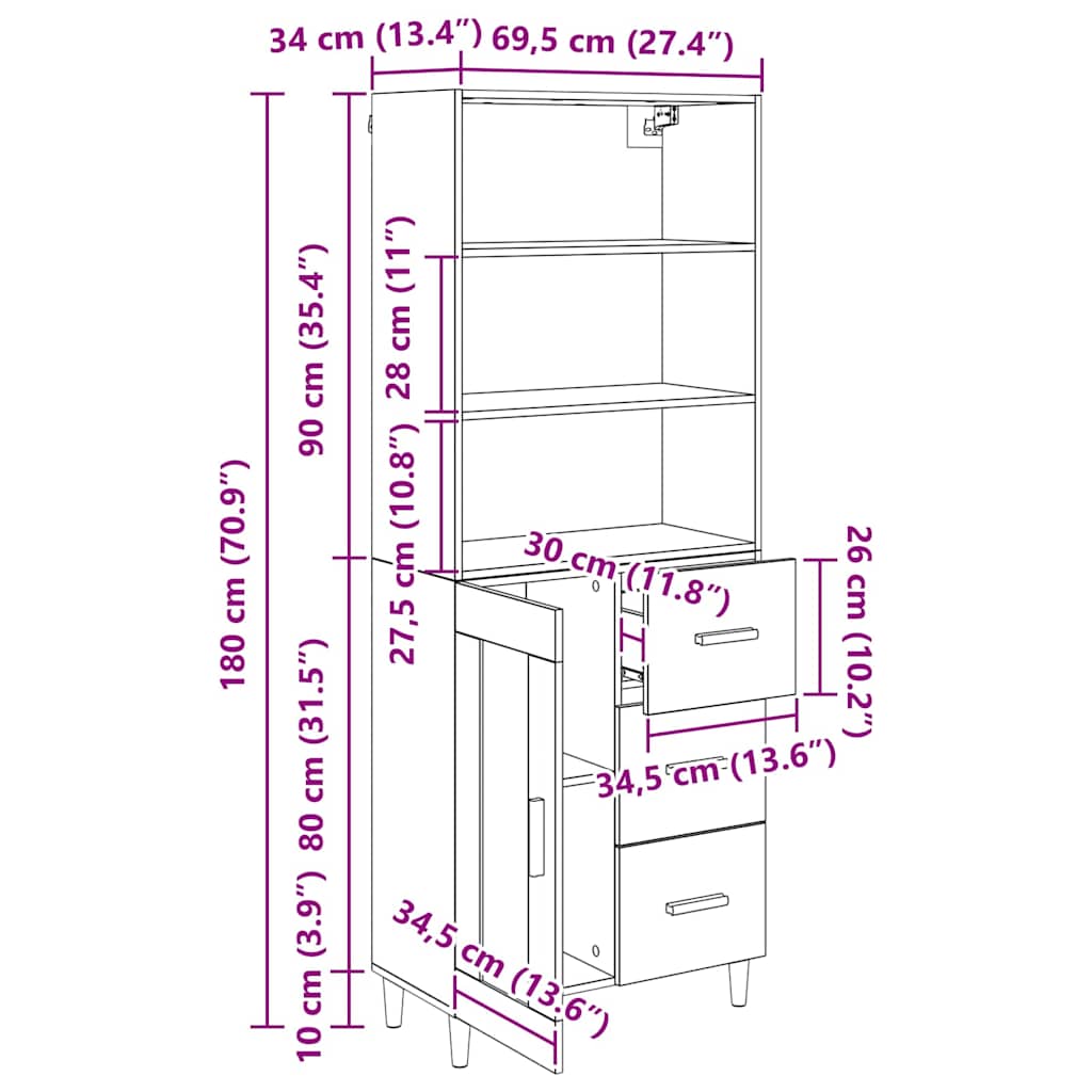 Highboard Altholz 69,5 x 34 x 180 cm Holzwerkstoff