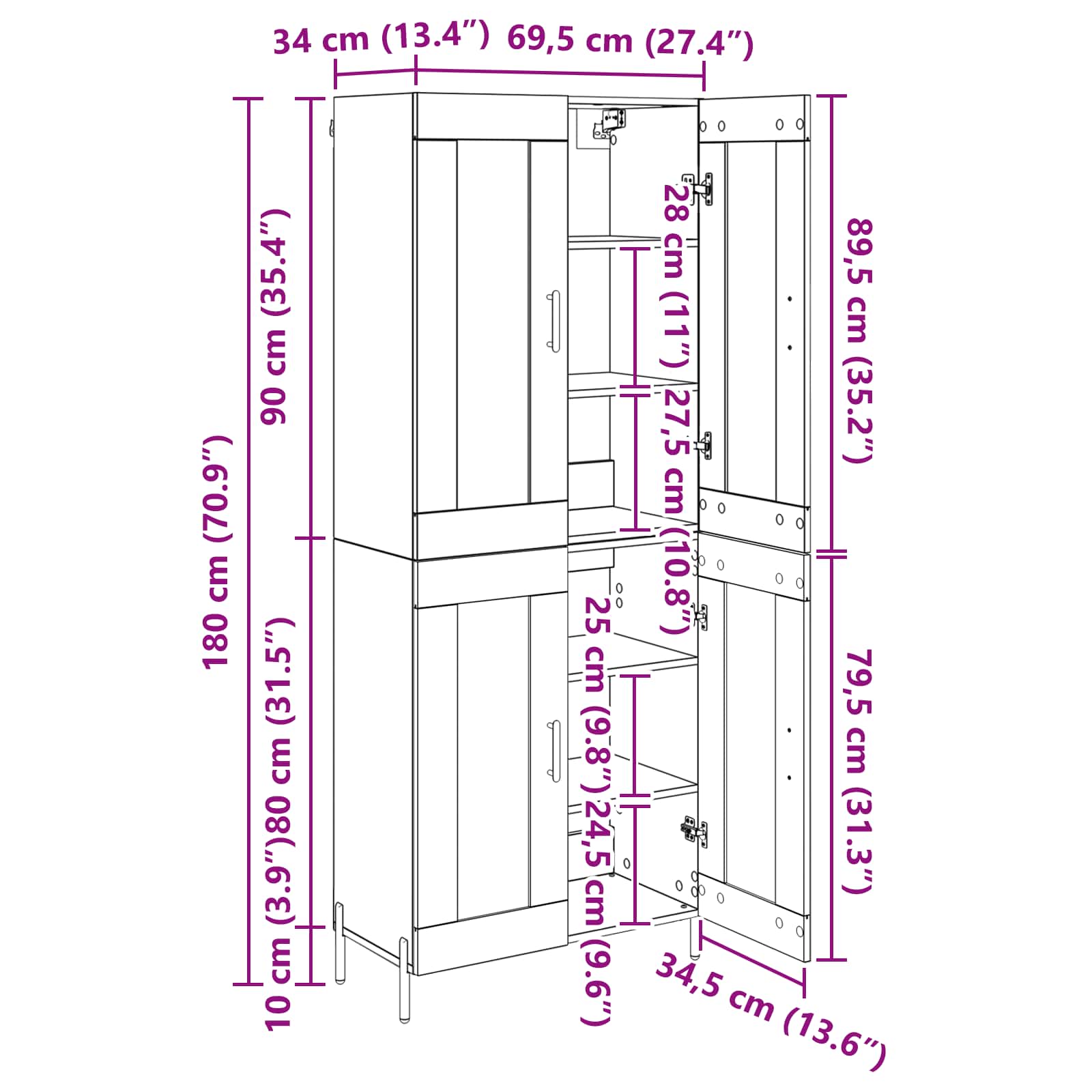 Highboard Wandmontiert Altholz 69,5 x 34 x 180 cm Holzwerkstoff