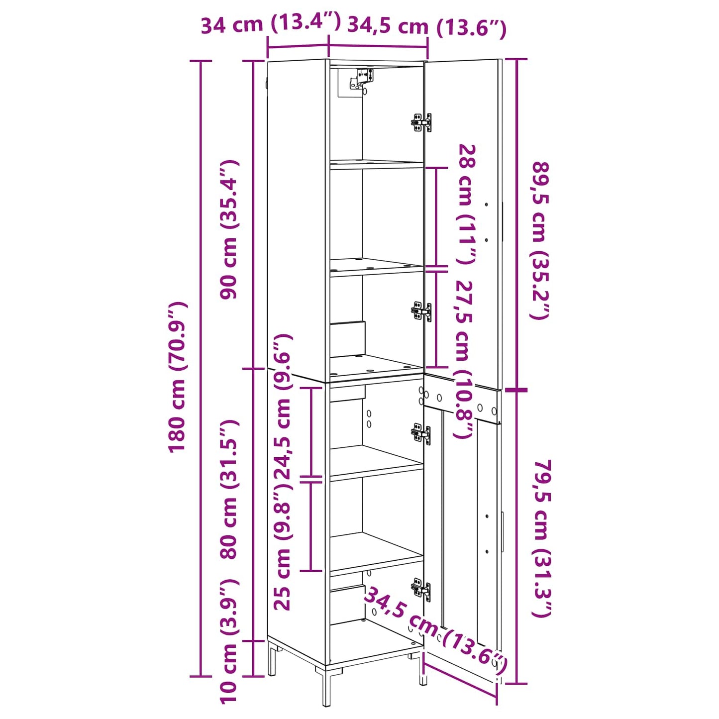 Highboard Altholz 34,5 x 34 x 180 cm Holzwerkstoff