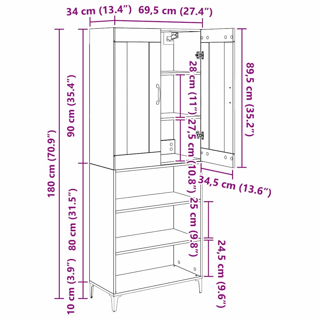 Highboard Wandmontiert Altholz 69,5 x 34 x 180 cm Holzwerkstoff